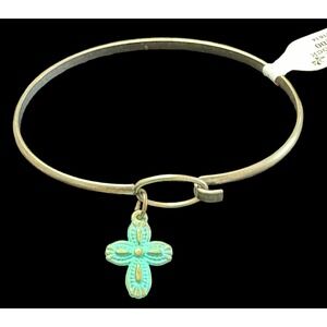 Gleeful Peacock Bracelet Antique Gold Tone Cross Turquoise Tone Charm 7" Christ